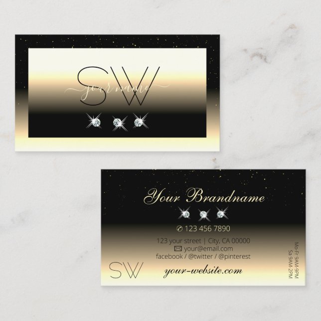Stylish Black Cream Gold Sparkle Diamonds Monogram Business Card (Front/Back)
