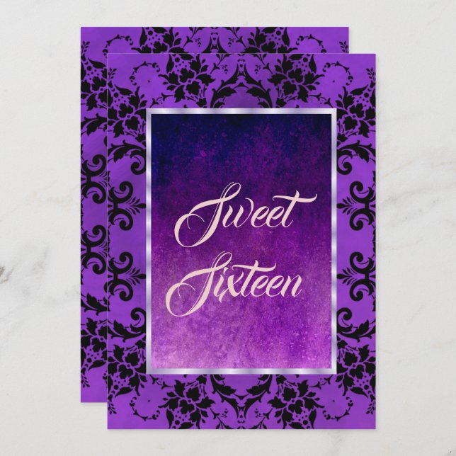 Stylish Black Damask & Gothic Purple Sweet 16 Invitation (Front/Back)