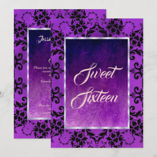 Stylish Black Damask & Gothic Purple Sweet 16 Invitation