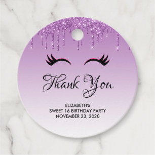Stylish Black Eyelashes & Purple Glitter Thank You Favour Tags