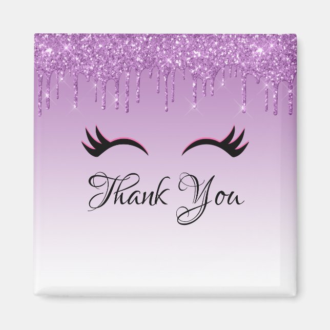 Stylish Black Eyelashes & Purple Glitter Thank You Magnet (Front)
