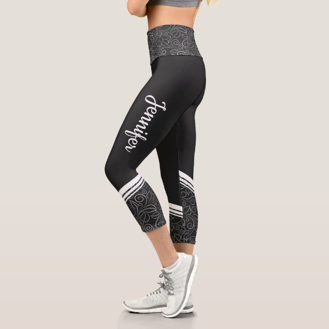 Stylish black floral white stripes and name modern capri leggings (Left)