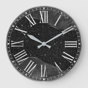 Stylish Black Glitter and Silver Floral Foil Large Clock