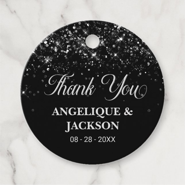 Stylish Black Glitter Thank You Favour Tag (Front)