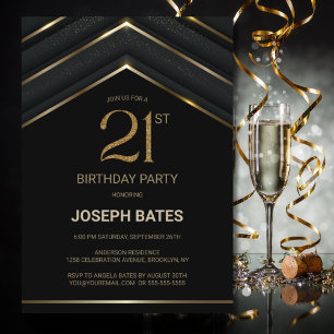 Stylish Black Gold 21st Birthday Party Invitation