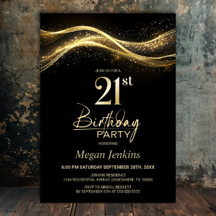 Stylish Black Gold 21st Birthday Party Invitation