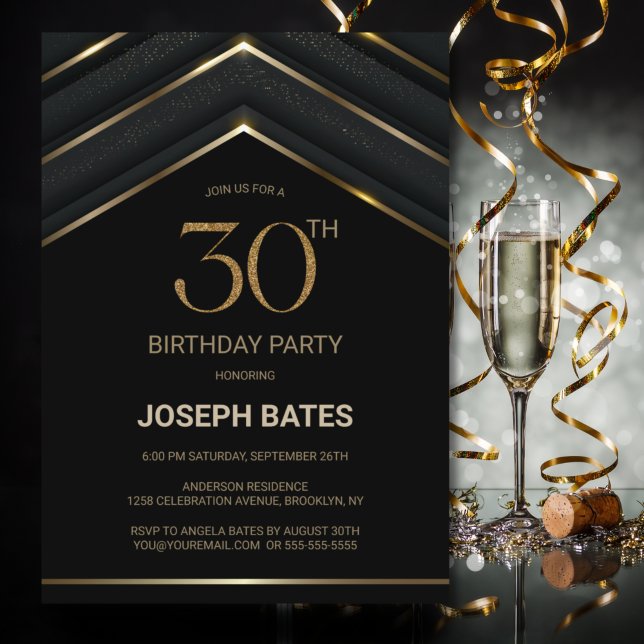 Stylish Black Gold 30th Birthday Party Invitation (Creator Uploaded)