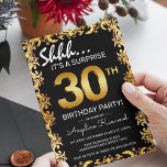 Stylish Black & Gold 30th Surprise Birthday Party Invitation<br><div class="desc">Stylish black and gold surprise birthday party invitation,  featuring an ornate gold border,  big gold numbers of the age and a birthday template that is easy to customise.</div>