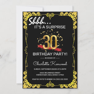 Stylish Black & Gold 30th Surprise Birthday Party Invitation