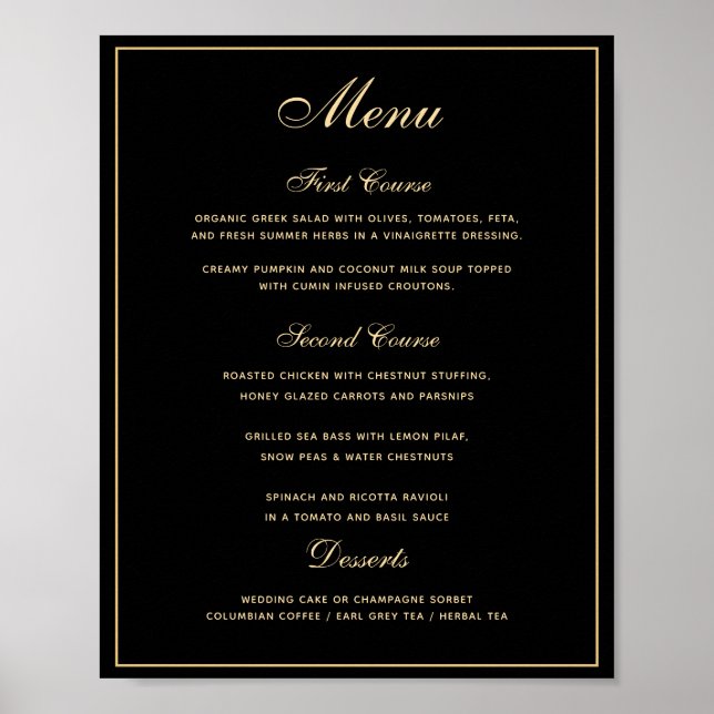 Stylish Black Gold 3 course Wedding Menu Poster (Front)