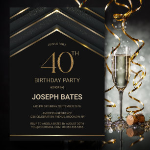 Stylish Black Gold 40th Birthday Party Invitation