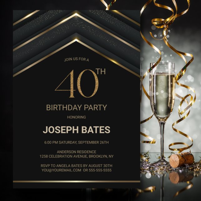 Stylish Black Gold 40th Birthday Party Invitation (Creator Uploaded)