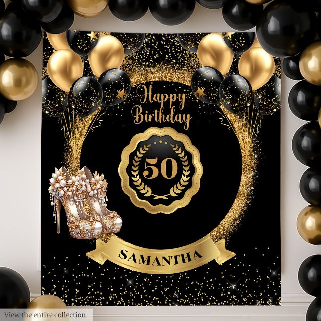 Stylish Black Gold 50th Birthday Banner Decor Tapestry (Stylish Black Gold 50th Birthday Banner Decor)