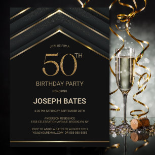Stylish Black Gold 50th Birthday Party Invitation
