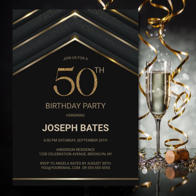 Stylish Black Gold 50th Birthday Party Invitation (Creator Uploaded)
