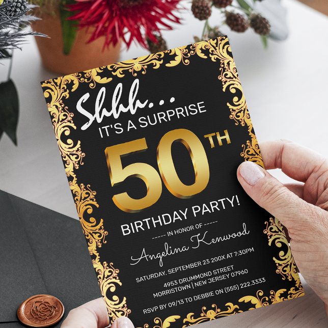 Stylish Black & Gold 50th Surprise Birthday Party Invitation (Creator Uploaded)