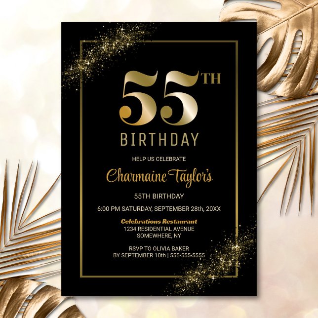 Stylish Black Gold 55th Birthday Party Invitation (Creator Uploaded)