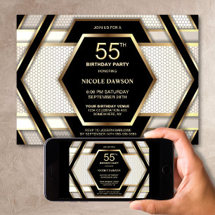 Stylish Black Gold 55th Birthday Party Invitation