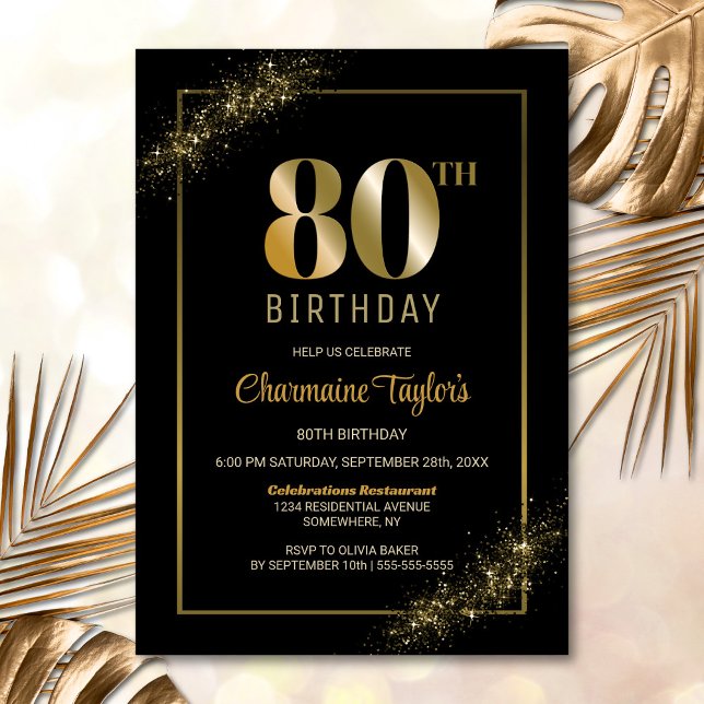 Stylish Black Gold 80th Birthday Party Invitation (Creator Uploaded)