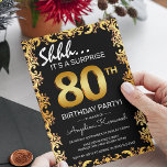 Stylish Black & Gold 80th Surprise Birthday Party Invitation<br><div class="desc">Stylish black and gold surprise birthday party invitation,  featuring an ornate gold border,  big gold numbers of the age and a birthday template that is easy to customise.</div>