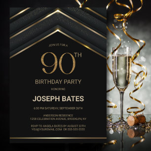 Stylish Black Gold 90th Birthday Party Invitation