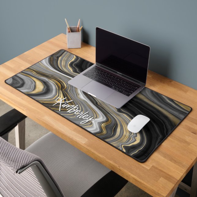 Stylish Black Gold Agate Geode Personalised Desk Mat (Office 2)
