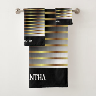 Stylish Black Gold And White Geometric Stripes Bath Towel Set