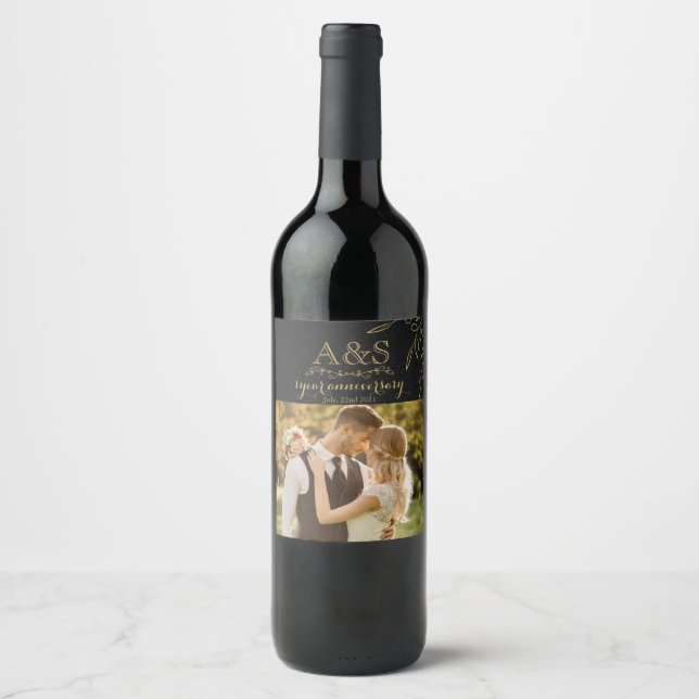 Stylish Black & Gold Anniversary Wine Bottle Label (Front)