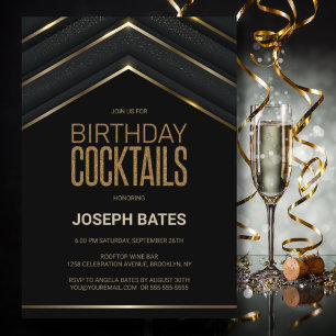 Stylish Black Gold Birthday Cocktails Invitation