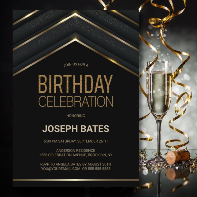 Stylish Black Gold Birthday Party Invitation (Creator Uploaded)