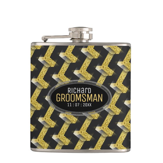 Stylish Black Gold Custom Design Groomsmen Gift Hip Flask (Front)