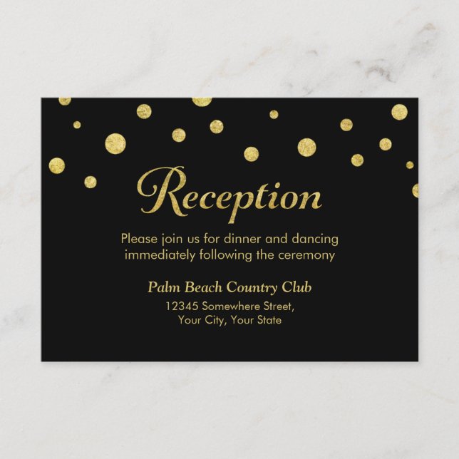 Stylish Black & Gold Dots Wedding Reception Enclosure Card (Front)