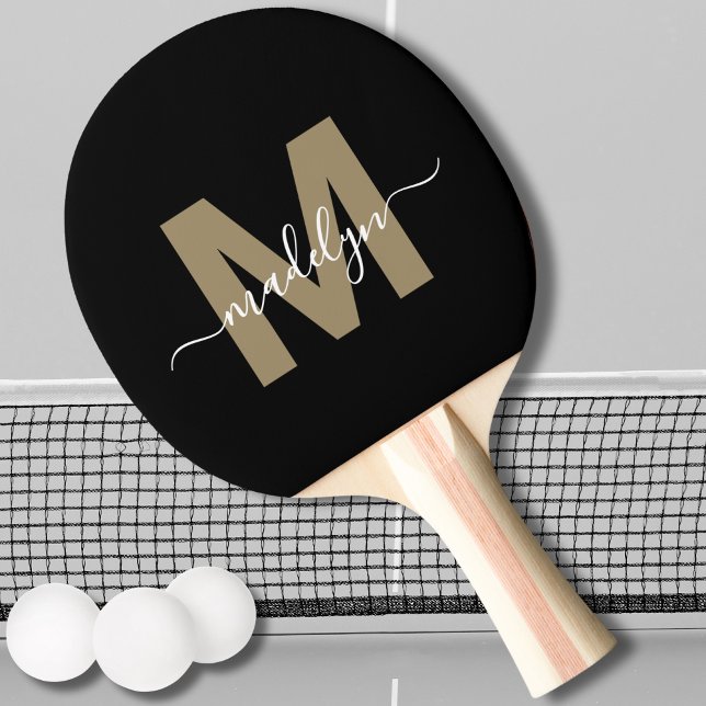 Stylish Black Gold Elegant Script Name Monogram Ping Pong Paddle (Stylish Black Gold Elegant Script Name Monogram Ping Pong Paddle)