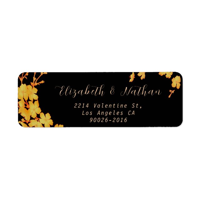 Stylish Black & Gold Flowers Return Address Label (Front)