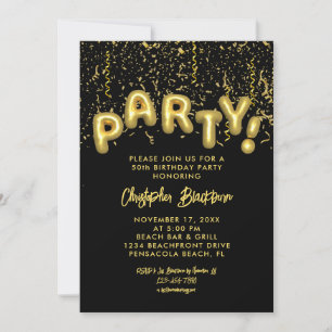 Stylish Black & Gold Foil Balloon 50th Birthday Invitation