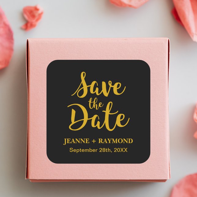 Stylish Black Gold Foil Wedding Save the Date Square Sticker (Creator Uploaded)