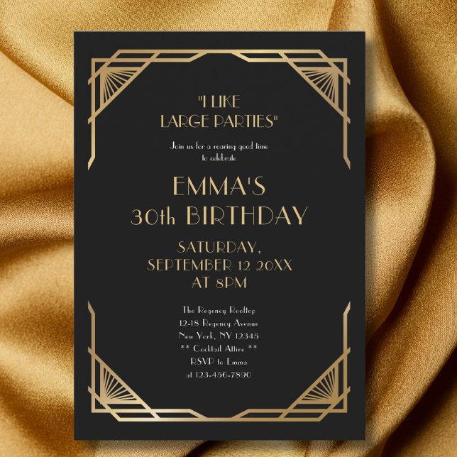 Stylish Black Gold Gatsby 30th Birthday Party Invitation (Creator Uploaded)