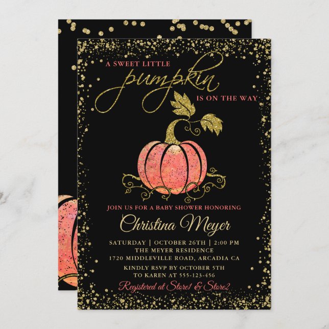 Stylish Black Gold Glitter Pumpkin Baby Shower Invitation (Front/Back)