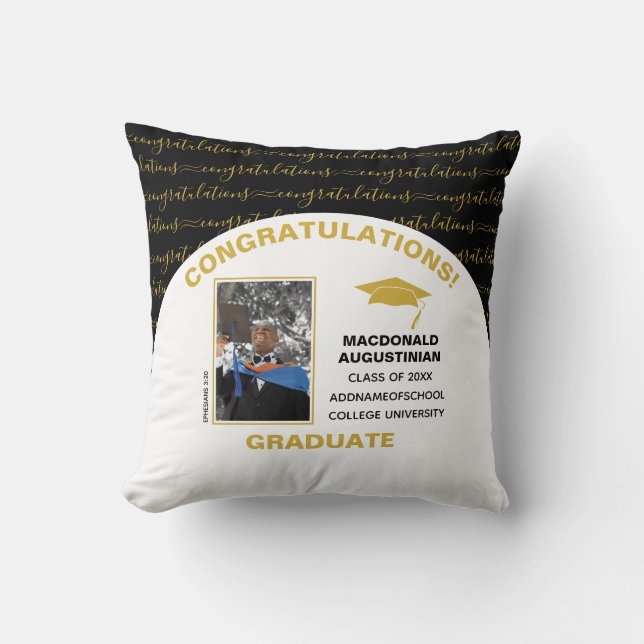 Stylish Black Gold Graduate Photo Cushion (Front)