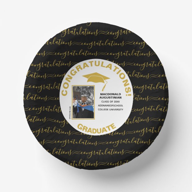 Stylish Black Gold Graduate Photo Paper Plate (Front)