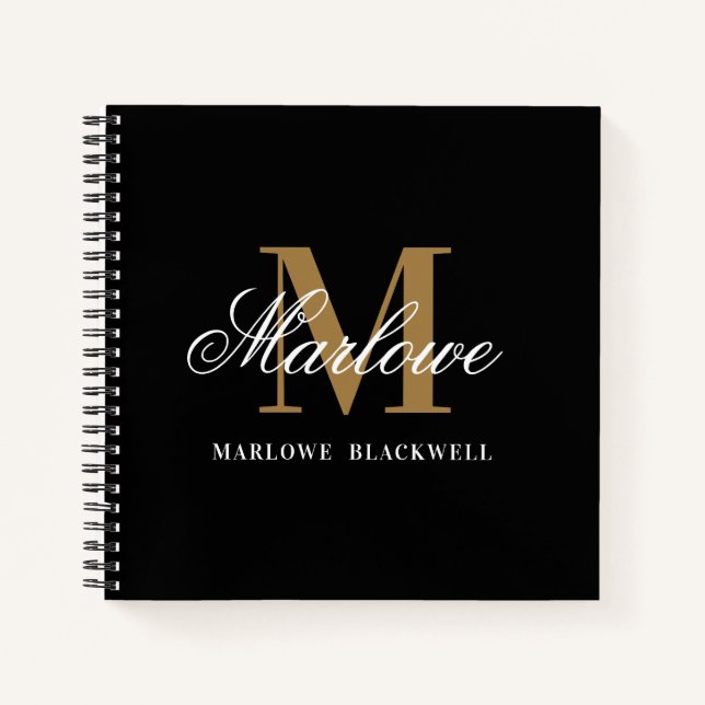 Stylish Black Gold Monogram Calligraphy Notebook (Front)
