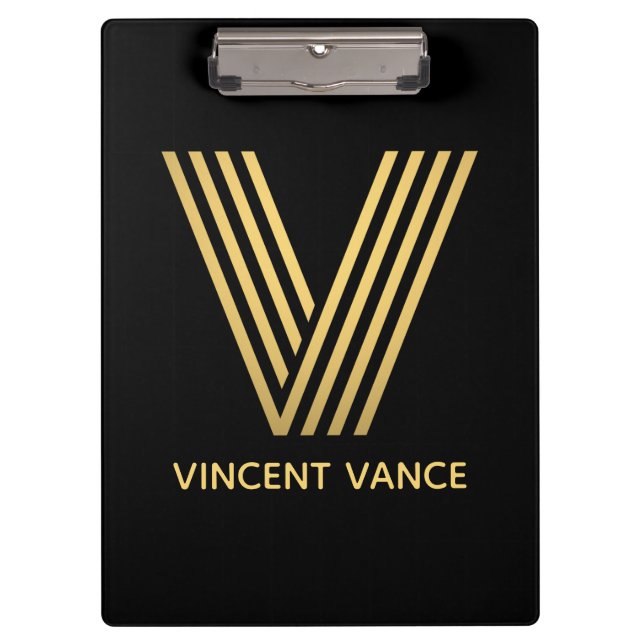 Stylish Black & Gold Monogram Clipboard (Front)