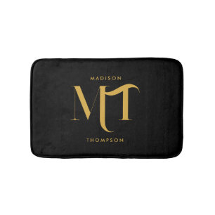 Stylish Black & Gold Monogram Initials Letters Bath Mat
