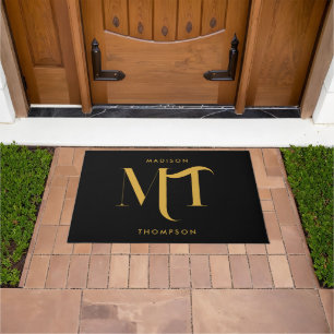 Stylish Black & Gold Monogram Initials Letters Doormat