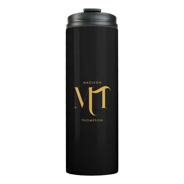 Stylish Black & Gold Monogram Initials Letters  Thermal Tumbler (Front)