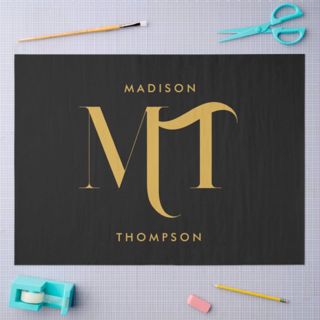 Stylish Black & Gold Monogram Initials Letters Tissue Paper (Craft)