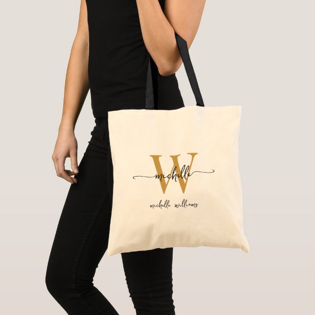 Stylish Black Gold Monogram Name Girly Script Tote Bag (Front (Product))