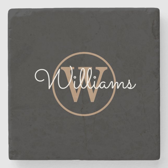 Stylish Black Gold Monogram Script Name Stone Coaster (Front)