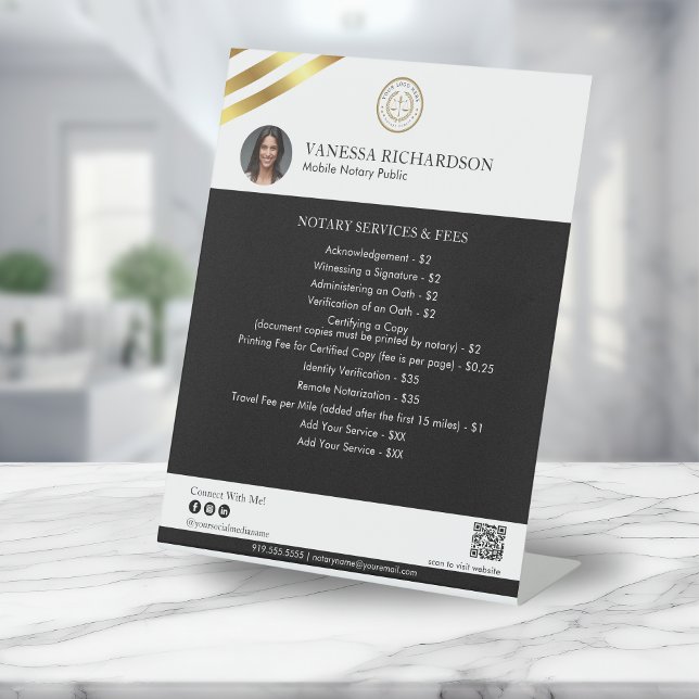 Stylish Black Gold Notary Photo QR Logo Price List Pedestal Sign (Creator Uploaded)