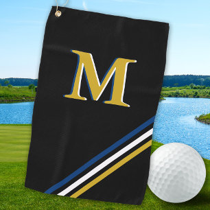 Stylish Black Gold Personalised Monogram Stripes Golf Towel